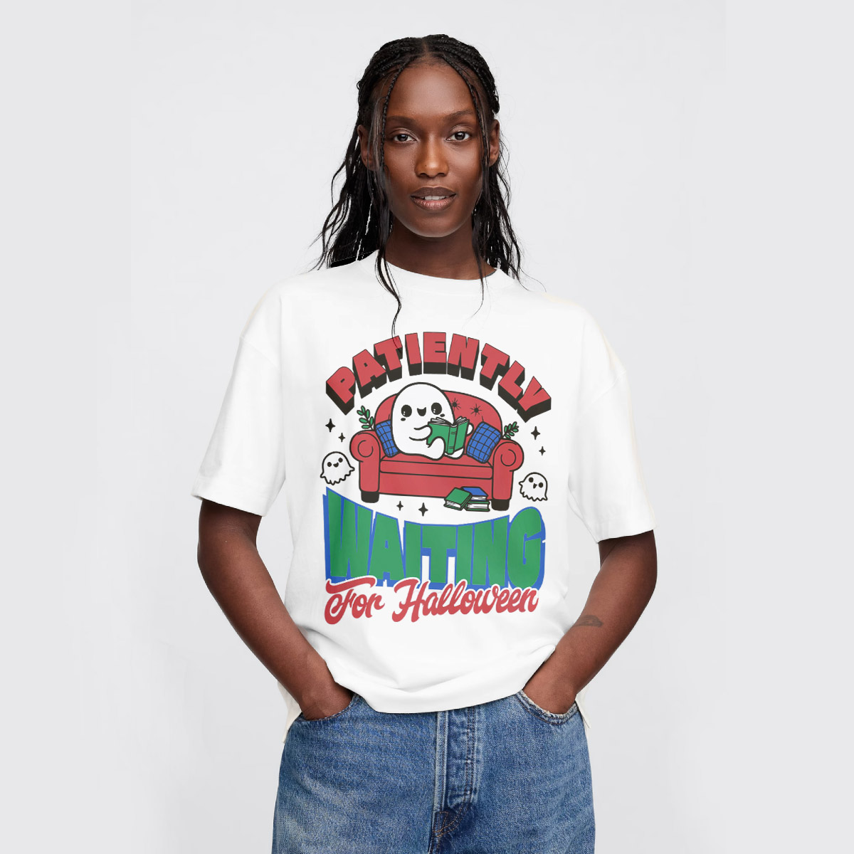 Patiently Waiting For Halloween - Cute Ghost on Couch Reading Books T-Shirt, Sweatshirt, Hoodie, TankTop.